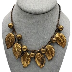 Vintage Brass Leaf Berry Necklace‎ With Adjustable Chain Antique